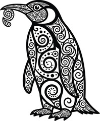 Ornate Decorative Penguin Vector Illustration, Highly Stylized Black and White Art with Intricate Spiral and Dot Motifs, Ideal for Tattoo Design, Tribal Artwork, and Elegant Antarctic Nature 