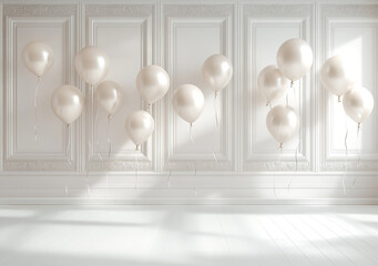 A beautiful, elegant background of white balloons and sparkling, glittery strings hanging over a distressed white floor, perfect for a party or celebration.
