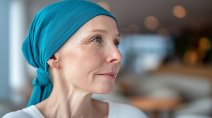 Chemotherapy patient portrait, female wearing headscarf, post-treatment recovery, cancer journey documentation, resilient patient display, medical care recipient, faceless partial