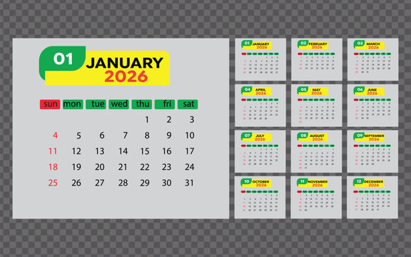 2026 calendar template with full year overview and monthly details Vector