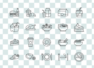“Simple Black-Line Food Icon Pack Featuring Snacks and Kitchen Items”