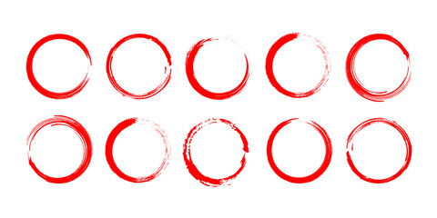 Red pen drawn marks, red circle set, highlight circle. Charcoal pen round ovals. Set of doodle ellipses. Scribble ovals, marker round elements isolated on a white background.