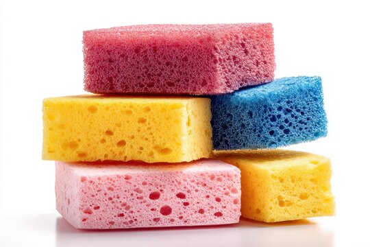 A colorful stack of cleaning sponges sits on a white background.