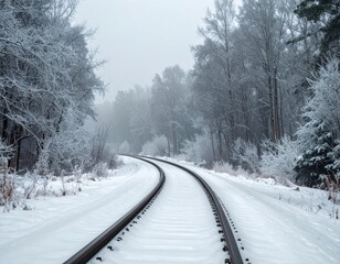 Obraz premium A serene winter wonderland scene with a curving railway track disappearing into a snow-covered