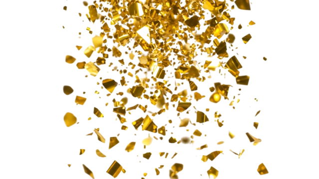Falling golden glitter confetti explosion isolated on transparent background