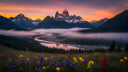 Majestic Mountains Sunrise Over Misty Valley Wildflowers