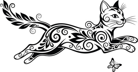 Stylized Black and White Cat Running Vector Art, Ornate Feline Chasing a Butterfly, Detailed Tattoo Design with Floral and Scroll Motifs, Illustrating Elegance, Nature, and Decorative Ornamentation.