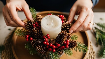 Close-up of hands arranging a festive holiday wreath with pinecones, red berries, and a white candle on a wooden plate.