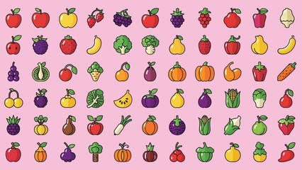 Healthy Fruits and Vegetables Icon Collection &ndash; Bright Vector Set Including Citrus, Berries, Greens, and Root Vegetables for Nutrition, Wellness, and Food Design