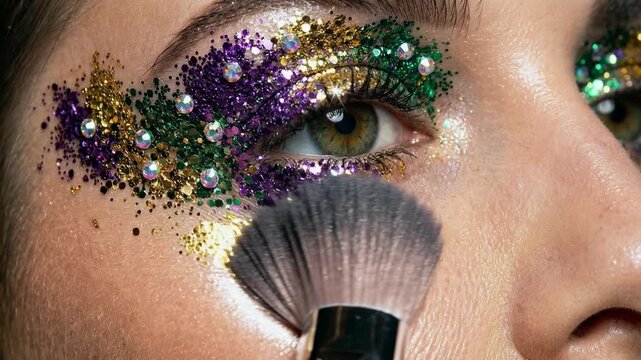 Close-up of a woman applying vibrant carnival makeup with glitter and rhinestones, preparing for a Mardi Gras parade and festive masquerade party
