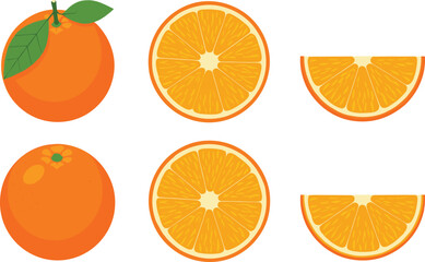 Fresh Orange Fruit Collection Vector Illustration Showing Whole and Sliced Citrus Pieces with Leaves Isolated on White Background Healthy Food Concept
