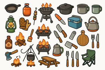 Colorful array of camping gear and outdoor cooking equipment illustrations