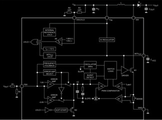 Technic schematic block diagram of digital electronic device on paper sheet. Vector drawing electrical circuit with 
inductor coil, diode, capacitor, operational amplifier, 
logic element, resistor.