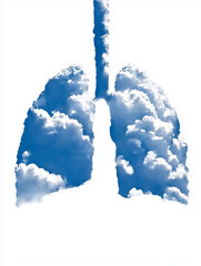 Light blue minimalist watercolor design for oncology post, showing lungs shaped like a cloud in a cloudy sky, highlighting the impact of air on health.