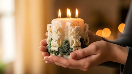 Hands holding a decorative carved candle with three burning flames, glowing warmly in a cozy indoor setting for winter holiday and spiritual peace concept with soft bokeh background