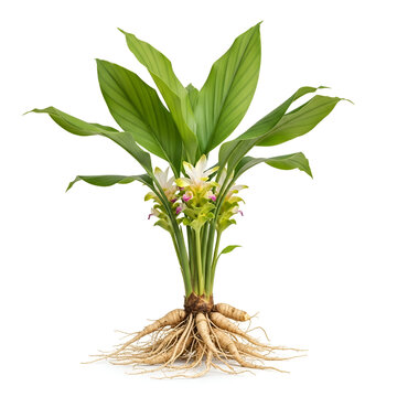 Curcuma aromatica mature plant with roots and flowers