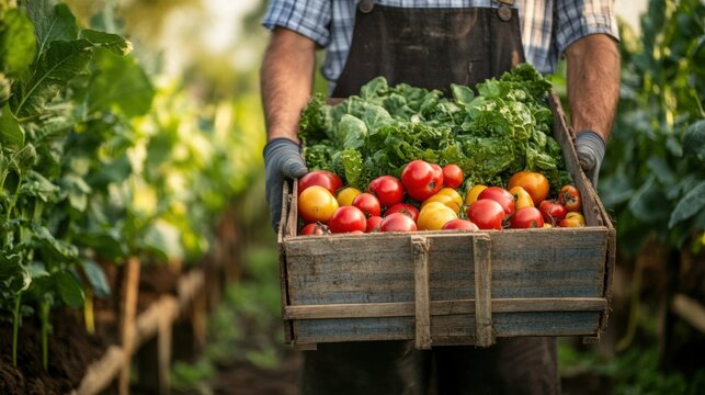 Farmer carrying wooden crate filled with freshly harvested produce - Powered by Adobe
