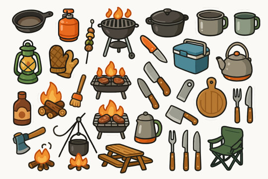 Colorful array of camping gear and outdoor cooking equipment illustrations