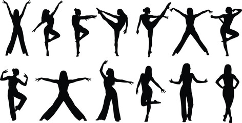 Women's Stretching and Dance Silhouette Vector Collection, Illustrating Female Figures in Dynamic High-Kick Poses, Emphasizing Flexibility, Aerobics, Athletic Movement, Fitness Training, 