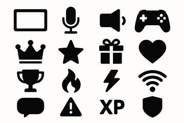 Collection of gaming and communication icons: microphone, controller, wifi, gift, xp