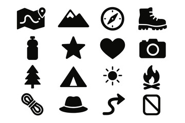 Outdoor adventure icons set: maps, compass, boots, and more