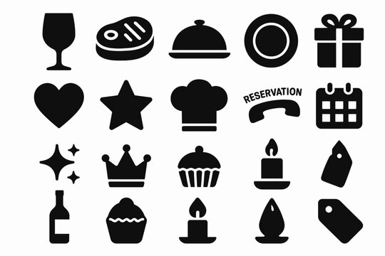 Collection of restaurant and event symbols: food, drink, celebration, reservation, dining