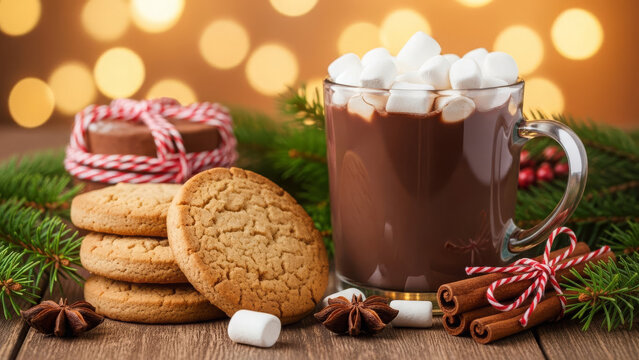 Delicious Christmas cookies and hot chocolate on wooden background — warm festive food theme