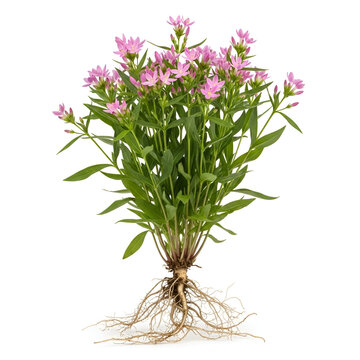 Centaurium Erythraea Plant with Roots and Pink Flowers