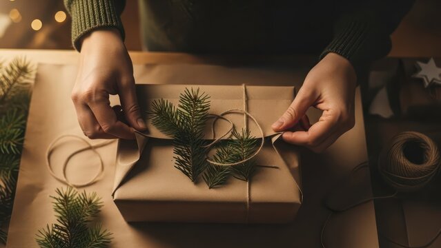 Close-up of a person's hands wrapping a gift with brown paper and evergreen branches on a table with ribbons and scissors in a cozy setting.