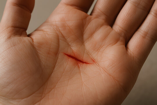 Close-up view of a fresh, bleeding cut on the palm of a human hand.