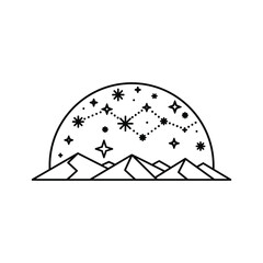 Minimalist Mountain Range with Celestial Night Sky and Constellations Line Art