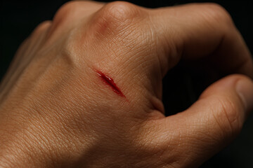 Fototapeta premium A close-up shot of a fresh, bleeding cut on the back of a person's hand, showing minor skin injury.