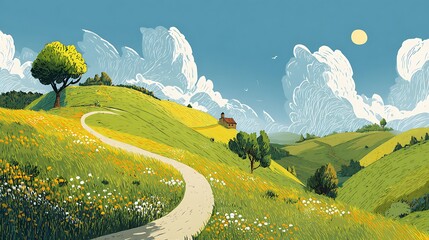 Winding dirt path traverses sunlit, rolling green hills beneath a vibrant blue sky filled with dramatic clouds