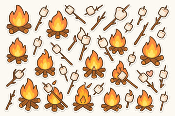Cute campfire and marshmallow stickers collection for camping enthusiasts