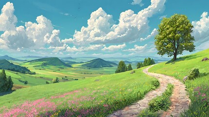 Picturesque rolling countryside scene unfolds beneath a bright blue sky filled with cumulus clouds
