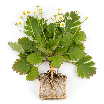 Anacyclus pyrethrum mature plant with roots and white flowers