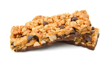 Honey bars with peanuts on white background