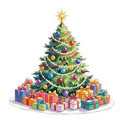 Decorated christmas tree with presents isolated on transparent background