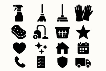 Cleaning tools and household icons including spray bottle, gloves, and vacuum