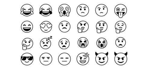 Collection of hand drawn emoji faces expressing various emotions in black and white