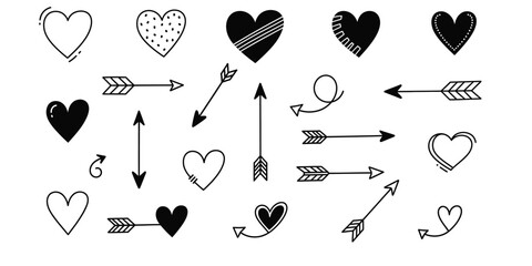 Hand drawn hearts and arrows collection for valentine s day or romantic designs.