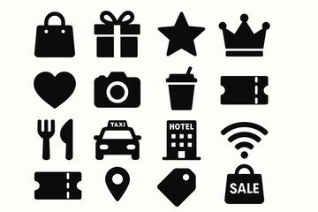 Collection of black silhouette icons for shopping and travel