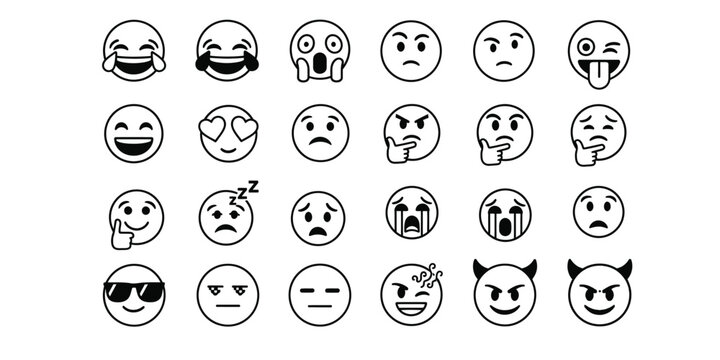 Collection of hand drawn emoji faces expressing various emotions in black and white