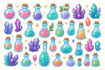 Colorful potion bottles and crystals collection with sparkles