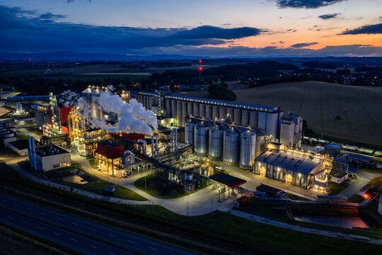 Aerial drone view of methanol and ethanol factory plant. Bioagra Goswinowice Ethanol Production Plant located near Nysa in Poland. Polish producer of bioethanol and ethanol produced from corn grain