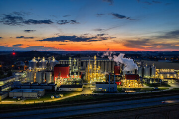 Aerial drone view of methanol and ethanol factory plant. Bioagra Goswinowice Ethanol Production Plant located near Nysa in Poland. Polish producer of bioethanol and ethanol produced from corn grain