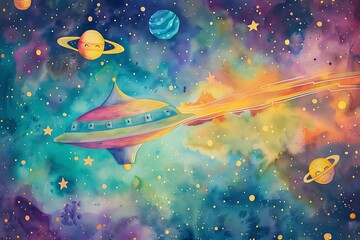 Colorful watercolor depiction of a flying saucer soaring through a vibrant celestial scene