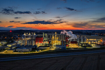 Aerial drone view of methanol and ethanol factory plant. Bioagra Goswinowice Ethanol Production Plant located near Nysa in Poland. Polish producer of bioethanol and ethanol produced from corn grain