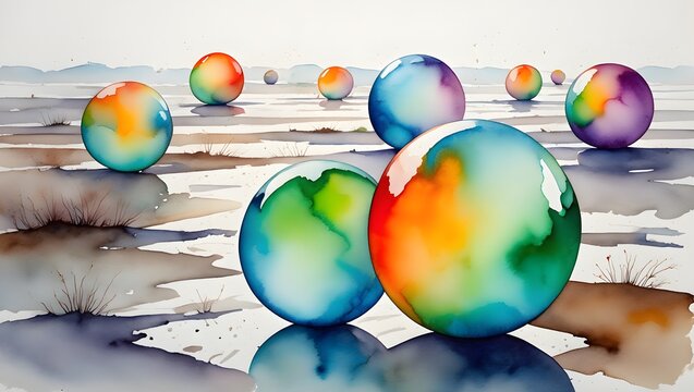 Vibrant, glossy orbs with colorful watercolor patterns floating above a simple, muted watercolor landscape. Abstract and imaginative art.