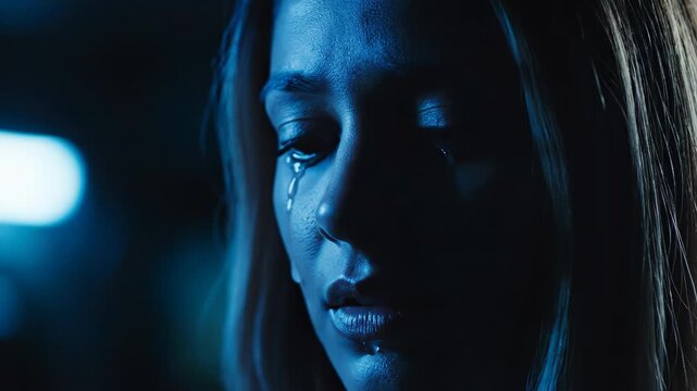 Closeup portrait of a young woman crying with a single tear rolling down her cheek illuminated by dramatic blue light in the dark